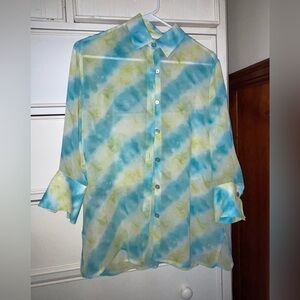 100% Silk Blue and Yellow Tie-Dye Sheer Blouse